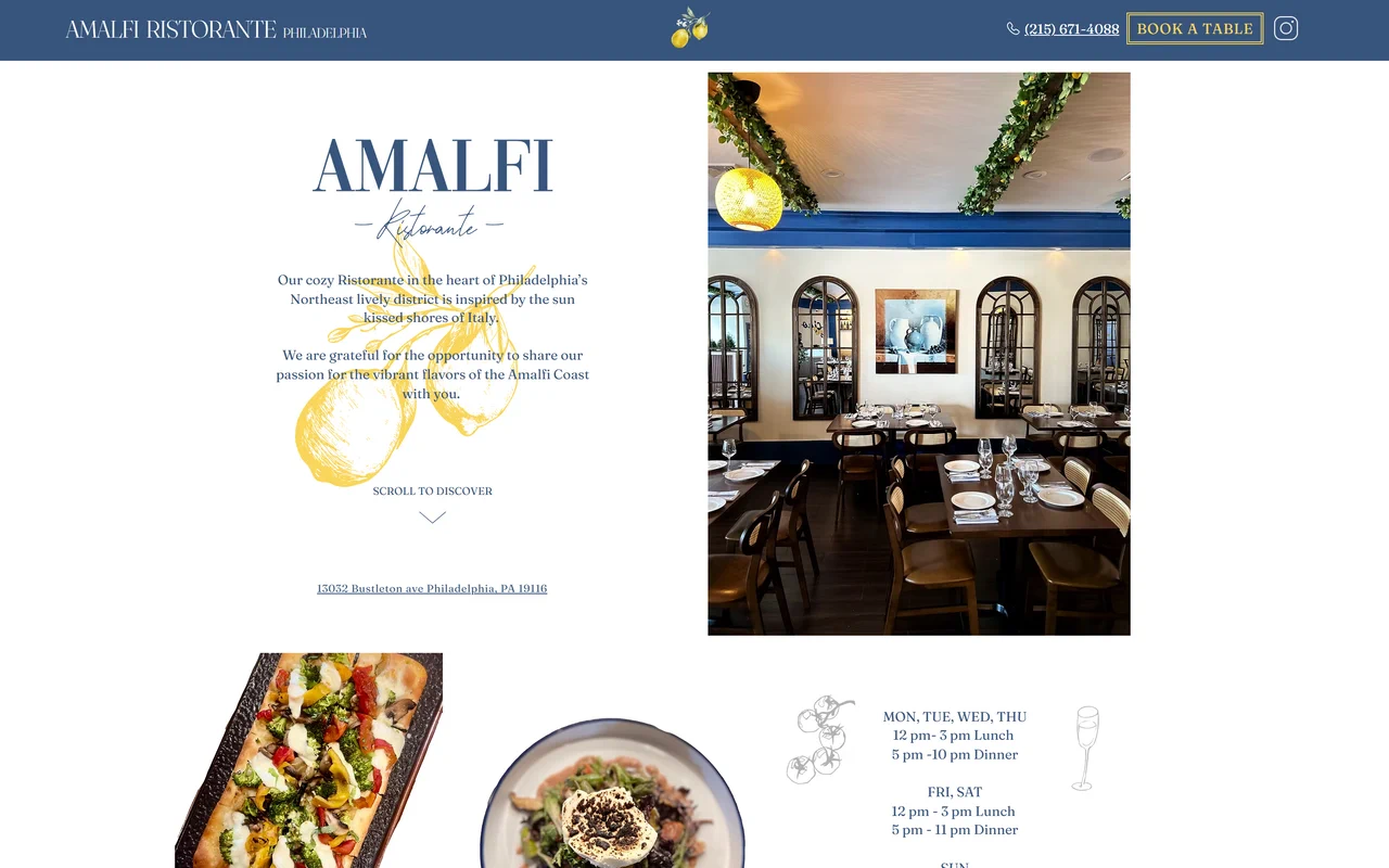 Первый экран сайта Amalfi Ristorante