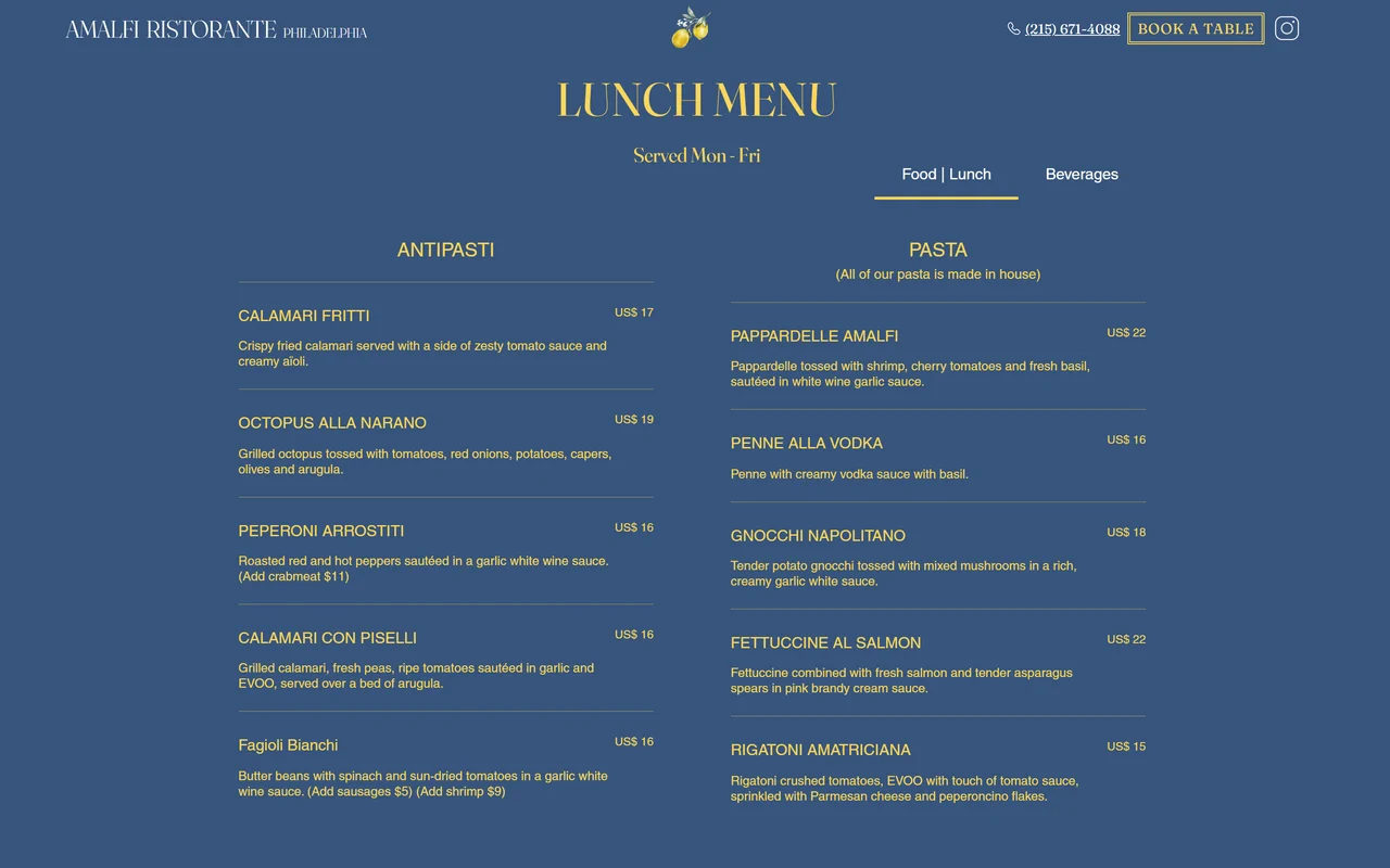 Lunch menu with live prices