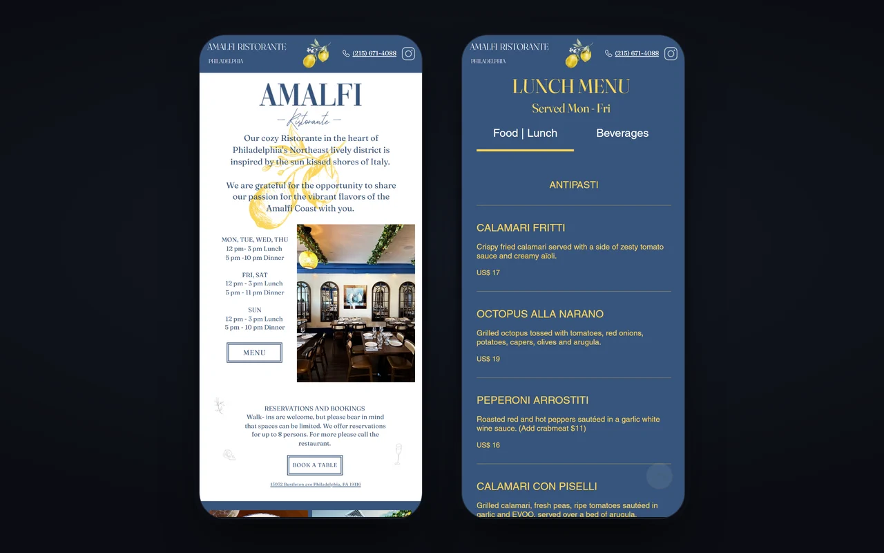 Сайт Amalfi Ristorante на телефоне